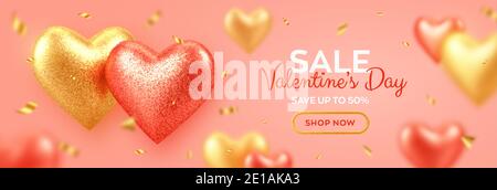 Banner di San Valentino con palloncini rossi e dorati 3d brillanti con texture glitter e confetti. Sfondo, volantino, invito, po Illustrazione Vettoriale