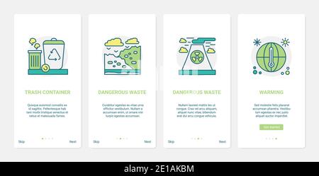 Problemi ambientali dell'illustrazione vettoriale della terra del pianeta. UX, UI onboarding mobile app page set con simboli di riscaldamento dell'ambiente di linea, pericolo di inquinamento industriale, rifiuti pericolosi Illustrazione Vettoriale