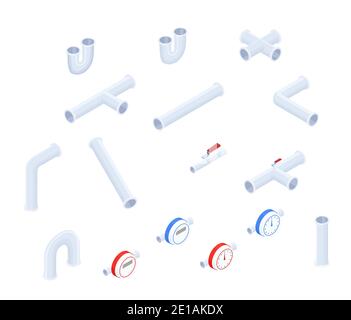 Insieme isometrico vettoriale di tubi idraulici e altri elementi isolati su bianco.illustrazione isometrica. Illustrazione Vettoriale