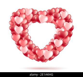 Fascio, bouquet a forma di cuore di palloncini rosa e rosso-cuori. Biglietto d'auguri per San Valentino e per la Giornata Internazionale della Donna. re 3d Illustrazione Vettoriale