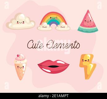 confezione di sei caratteri adesivi kawaii e lettere Illustrazione Vettoriale