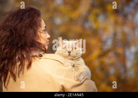 Ritratto di una giovane donna che cammina nel parco autunnale con un gatto tra le braccia, sera Foto Stock