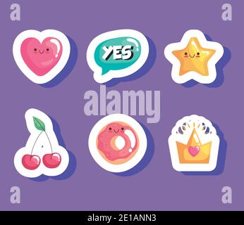 pacchetto di sei personaggi adesivi kawaii Illustrazione Vettoriale