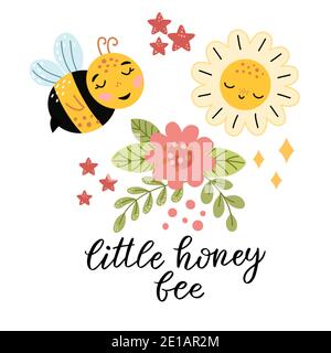 Set di elementi di primavera - foglie, fiori, api, sole Illustrazione Vettoriale