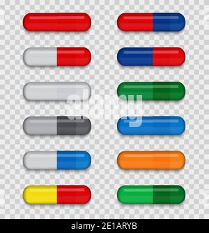 Set di pillola medica colorata su sfondo trasparente. Capsula del virus. La medicina. Illustrazione vettoriale. EPS10 Illustrazione Vettoriale