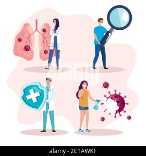 persone gruppo con covid19 particelle di virus e set icone Illustrazione Vettoriale