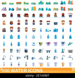 set di 100 icone dell'acqua. Illustrazione cartoon di 100 icone d'acqua vettore insieme isolato su sfondo bianco Illustrazione Vettoriale