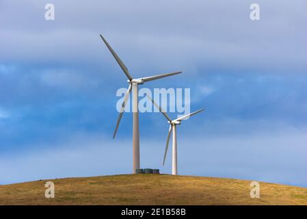 Turbine eoliche e rotori siedono su una collina tra un cielo blu che genera energia elettrica in un parco eolico a Victoria, Australia Foto Stock