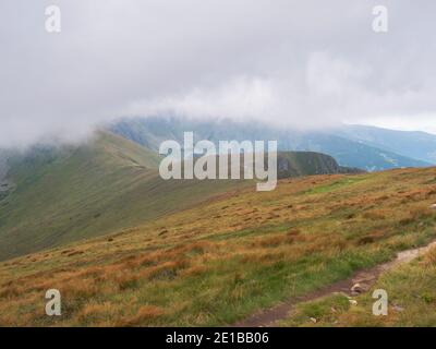 Sentiero di sentiero escursionistico da Chopok a prato di montagna, pendii erbosi collina con nebbia fitta e nuvole. Bassa Tatra montagna cresta, Slovacchia, tardi Foto Stock