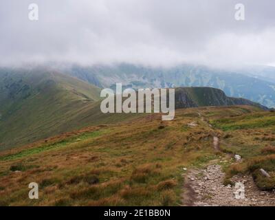 Sentiero di sentiero escursionistico da Chopok a prato di montagna, pendii erbosi collina con nebbia fitta e nuvole. Bassa Tatra montagna cresta, Slovacchia, tardi Foto Stock