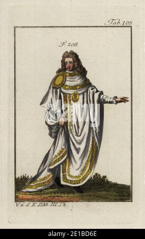 Cavaliere in abiti cerimoniali dell'ordine di San Michele, un ordine francese di cavalleria istituito nel 1469 da re Luigi XI Copiato da un’illustrazione di Christoph Weigel in Ritter-Ordern di Philipp Bonanni, 1728. Incisione a mano su copperplate dal quadro storico di Robert von Spalart dei costumi del principale popolo dell'antichità e del Medioevo, Vienna, 1802. Foto Stock