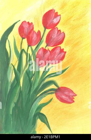 Tulipani rossi fiori, pittura acquerello. Composizione creativa astratta con mazzo di fiori di tulipano Foto Stock