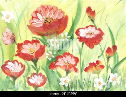 Paesaggio di fiori multicolore pittura acquerello. Pittura originale di fiori, bel campo estivo di fiori. Foto Stock