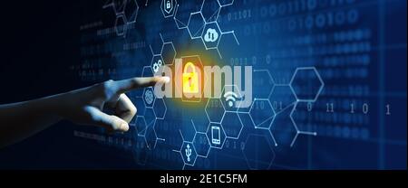 Uomo d'affari che utilizza la privacy di Cyber Security, la privacy delle informazioni e la protezione dei dati per bloccare un attacco informatico. Sfondo della mappa del mondo. Foto Stock