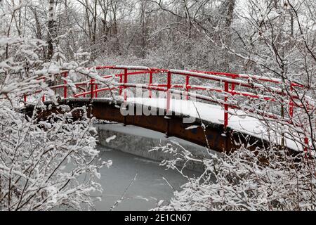 Detroit, Michigan - un ponte pedonale sul canale di Nashua sulla Belle Isle, e l'isola parco nel fiume Detroit, dopo una nevicata. Foto Stock