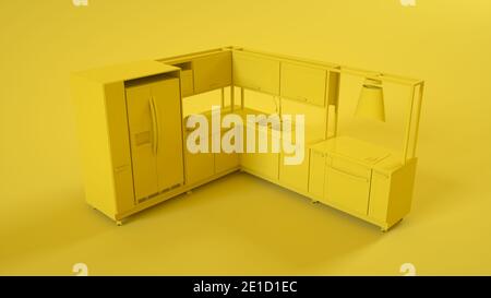 Modern Kitchen interni 3D isolati su sfondo giallo. illustrazione 3d Foto Stock