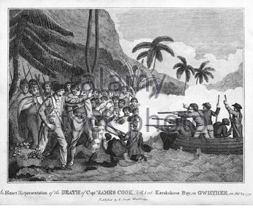 Rappresentazione della morte dell'esploratore britannico James Cook a Kealakekua Bay Hawaii, il 14 febbraio 1779, illustrazione d'epoca del 1800