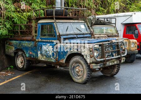 Due vecchi camion di vernice sbucciati in un villaggio asiatico. Foto Stock