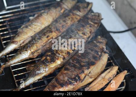Barbecue con pesce. Pesce sgombro alla griglia. Il pesce grasso e oleoso è una fonte eccellente e sana di DHA e EPA, che sono due tipi chiave di acido omega-3 Foto Stock