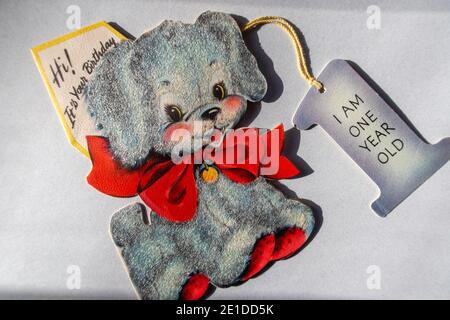 Biglietto d'auguri d'infanzia d'epoca per il primo compleanno, USA 1949 Foto Stock