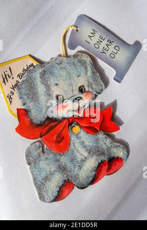 Biglietto d'auguri d'infanzia d'epoca per il primo compleanno, USA 1949 Foto Stock