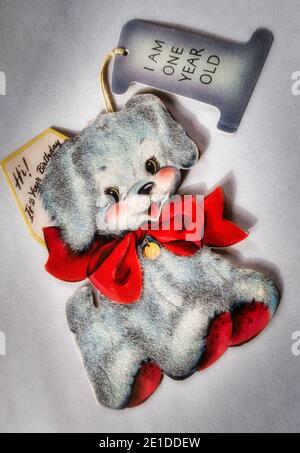 Biglietto d'auguri d'infanzia d'epoca per il primo compleanno, USA 1949 Foto Stock