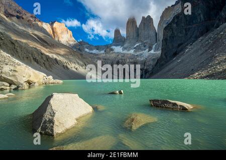 Punto panoramico di Las Torres, Parco Nazionale di Torres del Paine, Patagonia, Cile Foto Stock