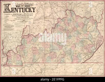 Lloyd's mappa ufficiale dello Stato del Kentucky - compilato da indagini reali e documenti ufficiali, mostrando ogni ferrovia strada e stazione stradale con le distanze tra ogni stazione - anche il Foto Stock