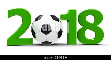 Green 2018 con il calcio isolati su sfondo bianco, rappresenta la Coppa del Mondo 2018 - Russia football championship, tridimensionale, rendering 3D illus Foto Stock