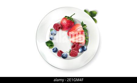 Composizione delle bacche: Fragole, lamponi e mirtilli su un piatto bianco. Illustrazione 3D Foto Stock