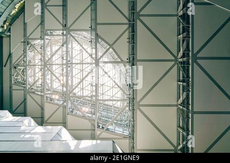 Vista interna di ACROS (Asian Crossroads over the Sea) Fukuoka Prefetturale International Hall, Tenjin, Fukuoka, Giappone, un centro di scambio internazionale, culturale e di informazioni. Foto Stock