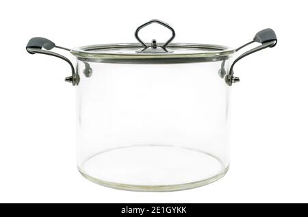 Pentola per zuppa moderna isolata con percorso di ritaglio, moderna pentola in vetro trasparente con coperchio in vetro su sfondo bianco. Foto Stock