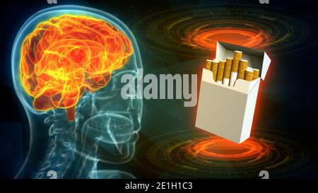 Illustrazione 3D medica - immagine radiografica della testa umana con evidenziata cervello e pacchetto di sigarette - danni al cervello di fumo concetto Foto Stock