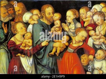 Lucas Cranach (i) - Christus zegent de kinderen, Laat de kinderen tot mij komen Foto Stock