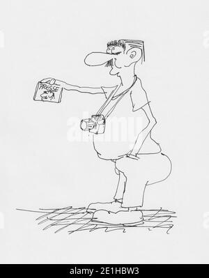 Disegno di un giornalista divertente. Caricatura di un uomo con una macchina fotografica sul suo pancino che sta mostrando la sua carta da stampa. 'Presse' è la parola tedesca per la stampa Foto Stock