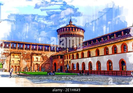 Castello medievale Sforzesco Castello Sforzesco, Milano, Italia. Illustrazione dello schizzo. Foto Stock