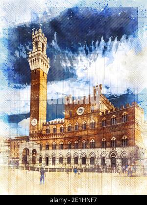 Palazzo pubblico (Municipio) a Siena (Toscana, Italia) su un cielo blu luminoso. Illustrazione dello stile di schizzo. Foto Stock