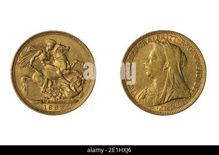 Una moneta semisovereana d'oro della Gran Bretagna del 1893, con la Regina Vittoria e San Giorgio che uccide il drago Foto Stock