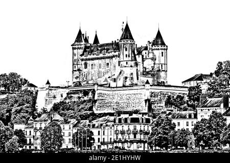 Grafico castello medievale di Saumur, Valle della Loira, Francia (Chateau Saumur) su sfondo bianco, Indre et Loire, Valle della Loira, Francia. Disegno a matita s Foto Stock