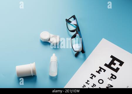 Controlli e prevenzione della visione, occhiali, lenti e gocce per la correzione della visione su sfondo blu, vista dall'alto. Accessori per oftalmologo. Foto Stock