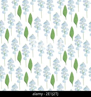 Lily-of-the-Valley fiore senza cuciture motivo, acquerello illustrazione simbolo di primavera e felicità mano trainato piante bianche semplice ripetizione ornamento Foto Stock
