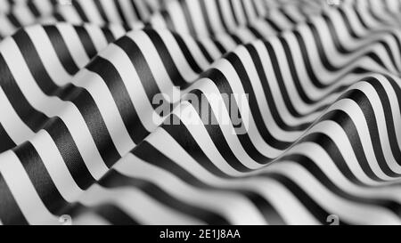 Sfondo in tessuto a strisce 3D bianco e nero. Sfondo astratto wave fabric. Seta ondulata bianca e nera a strisce. Illustrazione 3D, rendering 3D. Foto Stock