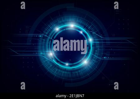 Futuristico e tecnologia sfondo blu scuro, Circle HUD head-up display interfaccia per la comunicazione e l'innovazione cyber concept, con linea freccia g. Foto Stock