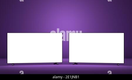 Due tv con schermo bianco su sfondo viola, concetto mockup, illustrazione 3d Foto Stock