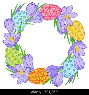Cornice rotonda fatta di uova di pasqua luminose e fiori di crocus Foto Stock