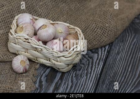 Aglio in un cesto di vimini. Su legno di pino nero e lino. Primo piano. Foto Stock