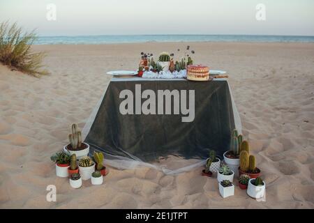 tavolo decorato per matrimoni con succulente sulla spiaggia Foto Stock