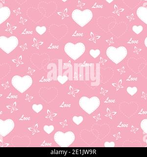 Motivo rosa senza giunture con cuori e farfalle. Foto Stock