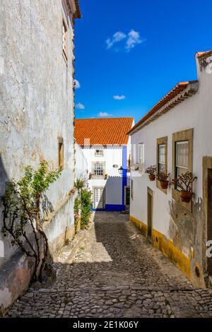 Storica città fortificata di Obidos, vicino a Lisbona, Portogallo. Belle strade della città medievale di Obidos, Portogallo. Vista sulla strada della fortezza medievale di Obidos Foto Stock