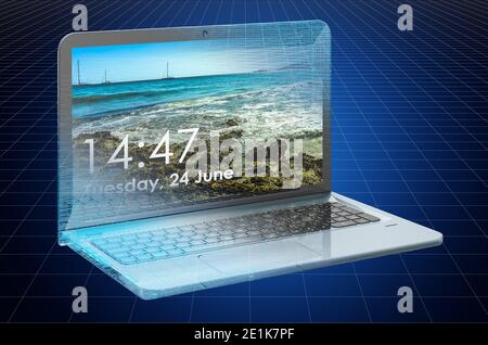 Visualizzazione modello CAD 3d di laptop, BluePrint. Rendering 3D Foto Stock